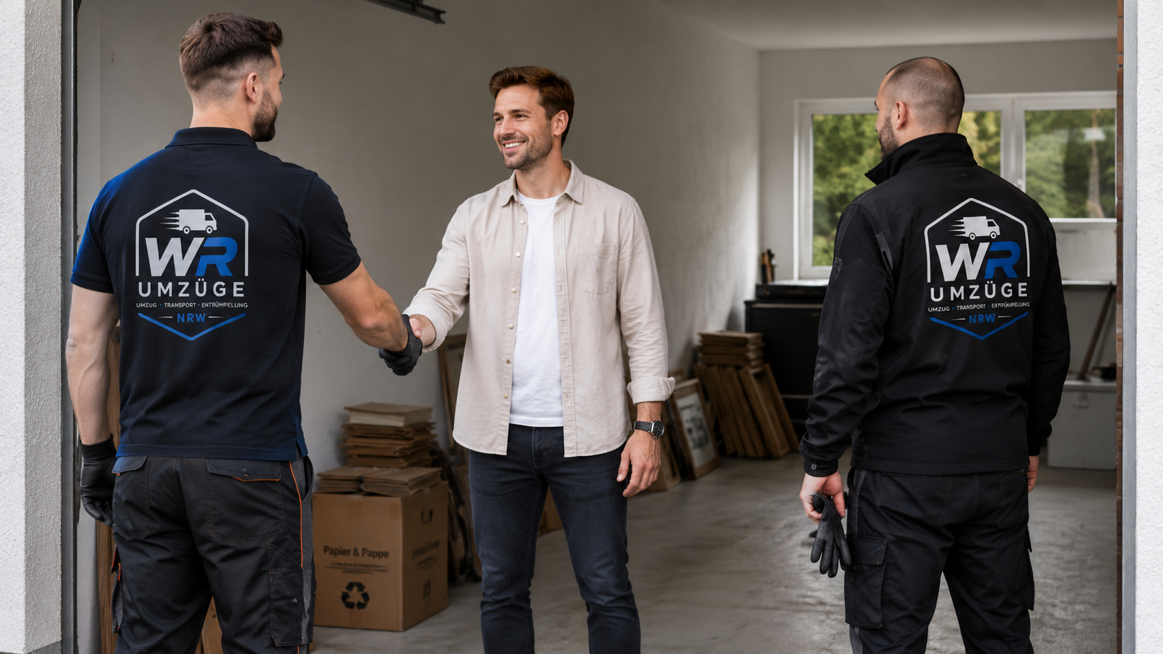 Mitarbeiter von WR-Umzüge trägt einen gesicherten Umzugskarton