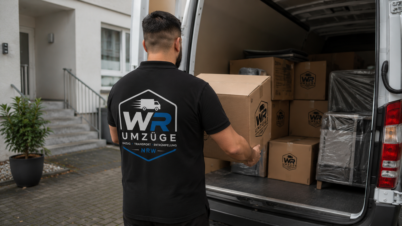 Transporter von WR-Umzüge beim Beladen vor einem Wohnhaus